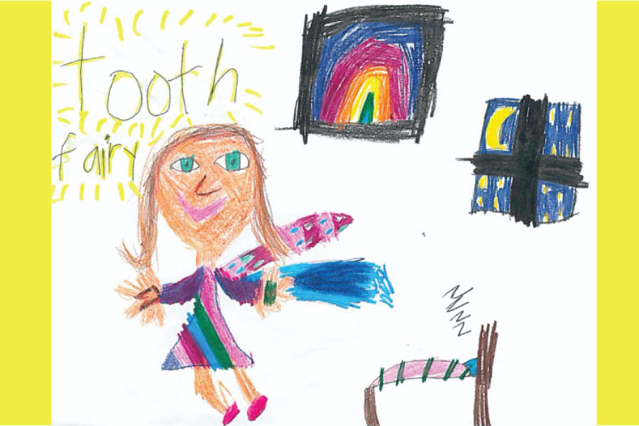 A child's drawing of the tooth fairy including a bed, window with a moon, rainbow art and winged fairy.